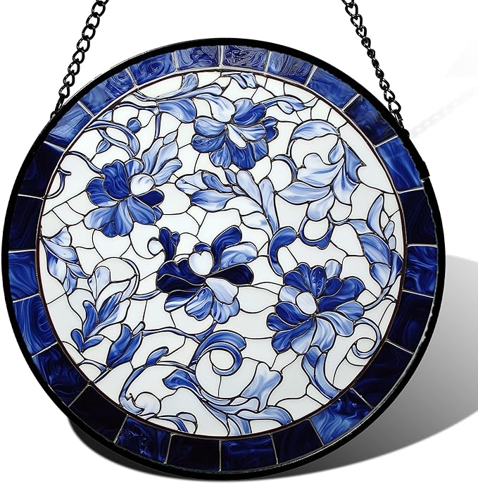 AMDERVEN Stained Glass Window Hanging, Blue and White Abstract Flowers Sun Catcher for Door Home Decor Suncatcher Christmas Mother's Day Birthday Gifts for Women Men Mom and Nana 15 in