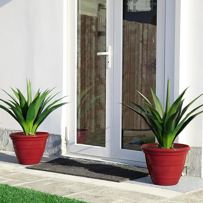 Glitzhome 15.5" D Large Flower Pots, Set of 2 Tall Planters for Outdoor Plants with Drainage Holes,Red Faux Ceramic Finish,Round Plastic Tall Flower Pots for Garden, Patio, Porch or Indoor Use
