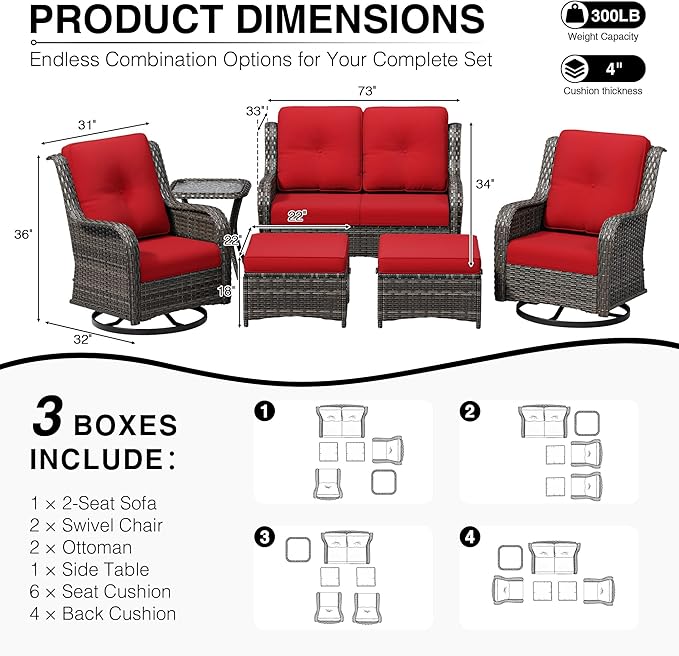Joyside 6 Piece Wicker Patio Furniture Set, Outdoor Swivel Rocker Patio Chairs with High Back, Deep Seating, Wide Armrest, Thickened Cushions, Outdoor Furniture for Deck, Porch Use