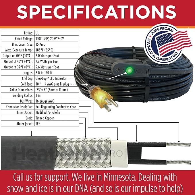 RADIANT SOLUTIONS HeatTapePro - Intelligent Commercial Grade Self-Regulating Heat Cable with GlowCap™ - 10 YR warranty - Ice Dam & Pipe Freeze Protection - 18 ft cable + 10 Ft Cord, 120V, 6 watts/Ft