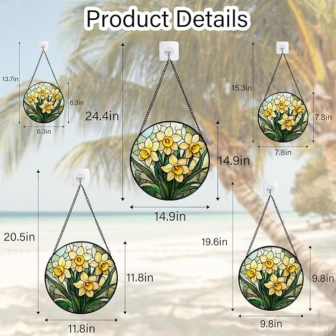 DASTOLL Stained Glass Window Hanging, Daffodil Plant Flowers Sun Catchers Diamond Glass Panel Hangings Suncatcher Decor for Birthday for Women, Men, Wife, Aunt, and Mom 9.8 in