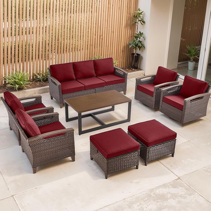 Rilyson Wicker Outdoor Patio Furniture Set - 8 Piece Patio Conversation Sets with Swivel Rocker Chairs, Chairs, Ottomans, Sofa and Coffee Table, Thick Cushions, for Porch Deck Brown/Red