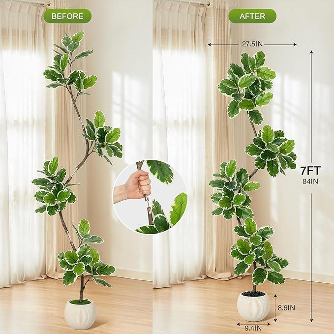 GarveeHome Fiddle Leaf Fig Tree Artificial Indoor, 7 ft Tall Faux Rubber Tree with Sphere Planter, Tall Artificial Plants with Moss for Home Decor Office Living Room