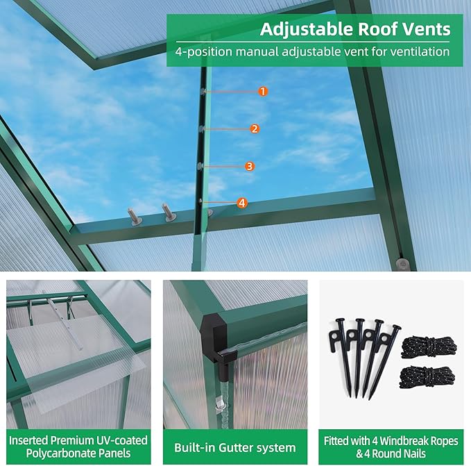 6x6 FT Greenhouse,Outdoor Greenhouse W/ Roof Vent,Walk-in Aluminum Polycarbonate Green Houses W/ Drainage System & Ground Nails,for Outside Garden,Backyard,Patio,Lawn,Green