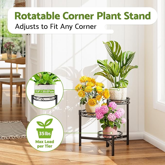 NQW 3-Tier Plant Stand Outdoor,Metal Plant Stand for Multiple Plants, Folding Tall Plant Rack Display Shelf for Corner Living Room Porch Patio Garden Office - BalckCircle