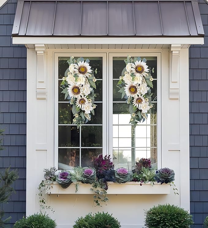 2-Pcs Spring Summer Floral Teardrop Swags - 28” Artificial Sunflower, Peony, Rose Teardrop Wreath for Door, Wall, Window - White Floral Arrangement for Home Decor