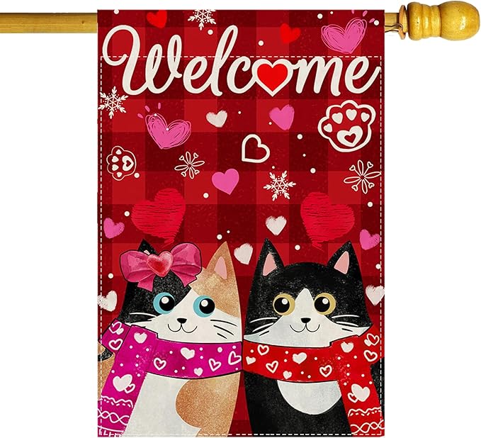 Welcome Valentine’s Day Romantic Love Heart Couple Cats Paw House Flag large 28X40 Inch Big Vertical Double Sided Yard Outdoor Outside Holiday Decoration