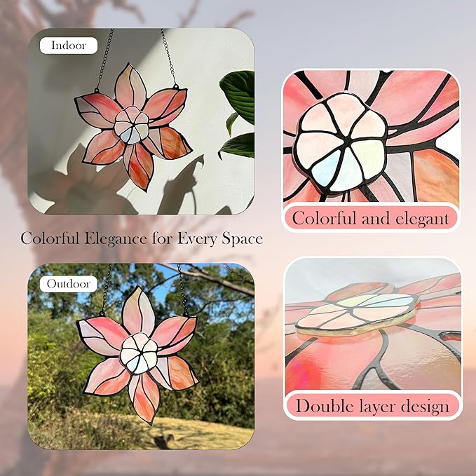 DASTOLL Stained Glass Window Hanging - Pink Flowers Suncatchers for Windows Hanging Floral Sun Catcher for Plant Lovers Anniversary Love Gift
