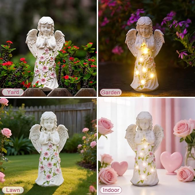 Nacome Garden Outdoor Statues Angel with Succulent and 7 LED Lights – Lawn Decor for Patio, Balcony, Yard Ornament - Chrismtas Gifts for Mom Grandma