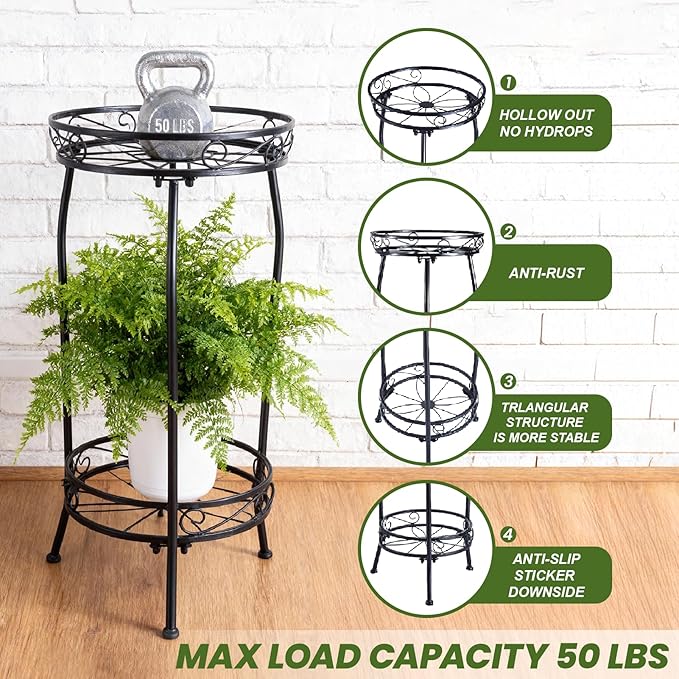 Decivems 2 Tier Tall Plant Stand Indoor Outdoor, 27in Corner Metal Wrought Iron Large Tiered Plant Shelf Holder Flower Pot Display Stands for Garden Patio (Black)
