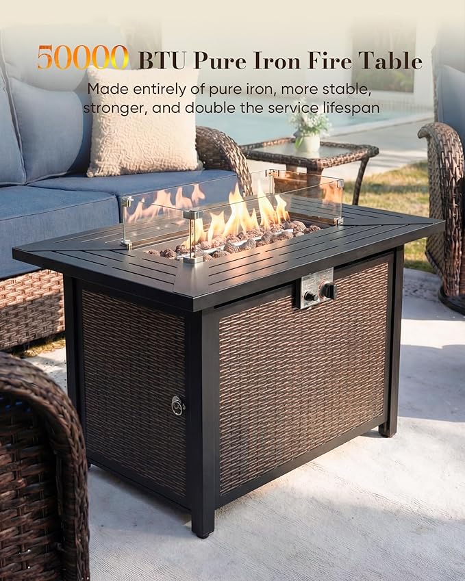 Belord Upgraded 6“ Cushion Luxury Patio Furniture Set with Fire Pit Table - 7 Piece Wicker Furniture Set with High Back Swivel Rocker Patio Chairs, Conversation Set for Deck Porch Yard - Brown/Blue