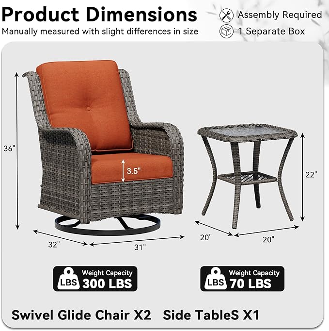 3 Piece Outdoor Wicker Patio Furniture Set, Swivel Rocker Patio Chairs Set with Thickened Olefin Cushions, High Back and Deep Seating, Hand-Woven PE Rattan for Porch, Deck