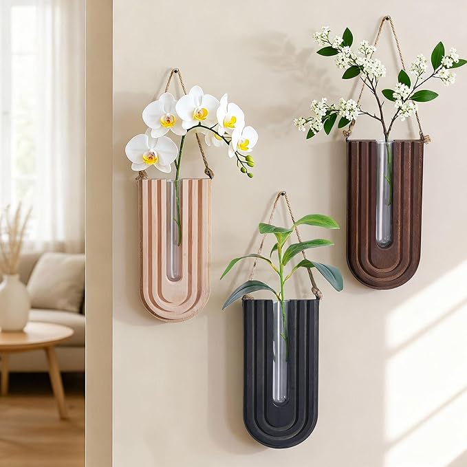 Wooden Wall Vase Set of 3, Wall Hanging Planter Modern Farmhouse Wall Decor for Boho Wall Decor for Indoor Entryway Hallway Bathroom Living Room Dining Room