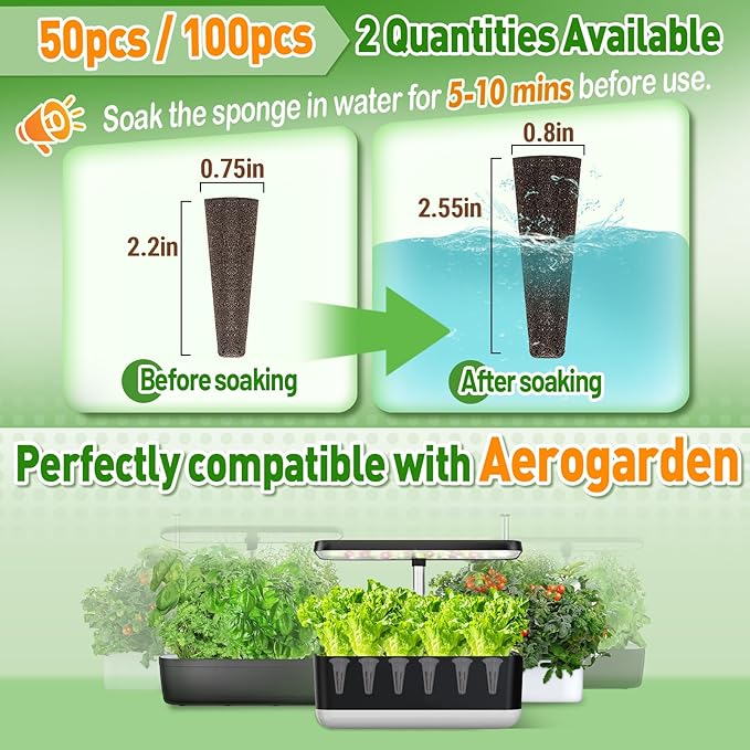 Alphatool 50 Pack Grow Sponges Replacement Compatible with AeroGarden - Seed Starter Pods for Improving Germination Rate Speed, Seed Starting Kit for Indoor Garden Hydroponics Growing System