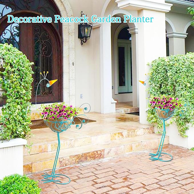 J-Fly Peacock Metal Plant Stand 2 Sets Flower Pots Holders, Planters for Outdoor Indoor Plants with Coconut Pots, Front Porch Garden Balcony Patio Decor for Plant, Valentine Decoration Gifts
