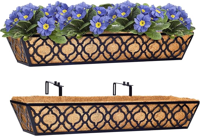 Y&M 30 inch Window Planter Box 2Pcs Iron Window Deck Railing Planter with Coco Liner, Metal Horse Troughs Fence Planter for Outdoor Balcony Rail Fence Porch Patio