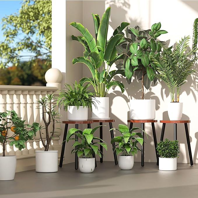 Vecxoty 2-Pack Wood Plant Stands Indoor, 16.7" Tall Plant Stand Outdoor Mid-Century Plant Stool, Single Plant Table Modern Small Round Side/End Table for Living Room, Balcony, Office(Brown)