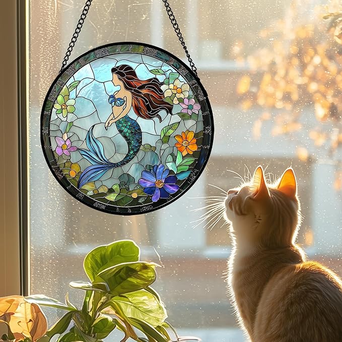 JOSUMALY Stained Glass Window Hanging - Light Blue Mermaid Suncatcher for Door Terrace Garden Home Decor, Ocean Flowers Sun Catcher Birthday Gifts for Lovers Women Men Dad Mom Nana 15 in