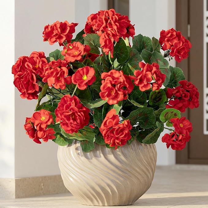 Uqueeten 4pcs Fake Flower Artificial Geranium,Artificial Flowers for Outdoors ，Geraniums Artificial Flowers Realistic,Artificial Geraniums for Outdoors Fake Plant Decoration(Red) 14.4"