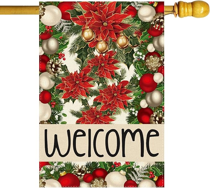 Welcome Christmas Bells Poinsettias Pine Trees Xmas Winter House Flag Large 28X40 Inch Big Vertical Double Sided Yard Outdoor Outside Holiday Decoration