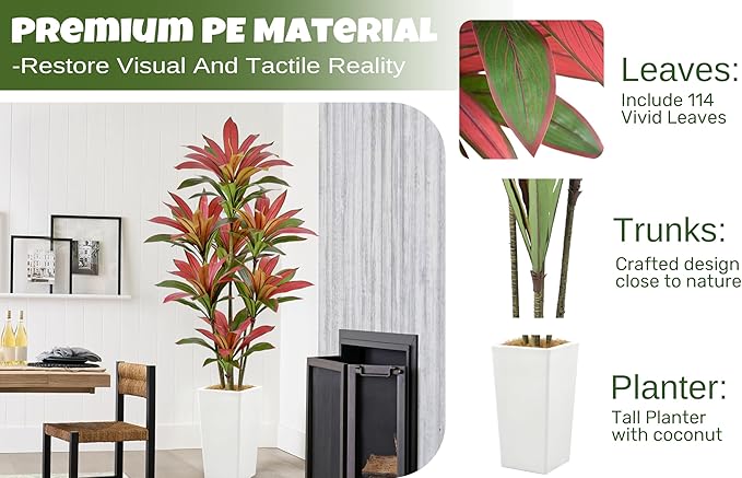 Roselywed Artificial Red Dracaena Tree 6FT with 114 Leaves & 7 Heads & White Tall Planter Cover with Coconut Fiber Tall Faux Tropical Silk Bicolor Plant 72 Inch for Indoor Home Office Porch Mall Decor