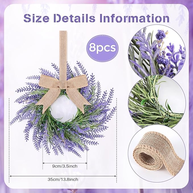 8 Pcs Pillar Candle Ring Wreaths Mini Purple Lavender Wreath Table Centerpieces 9 Inch Wreath for Cabinets Artificial Farmhouse Lavender Wreaths for Front Door Porch Wall Window