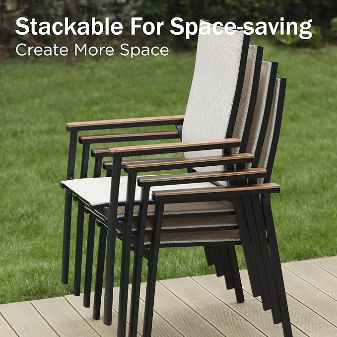 PHI VILLA Outdoor Stackable Chairs, Patio Chairs Set of 4, Light Weight Aluminum Frame with Textilene Fabric & Wood Armrest, High Back Deck Chairs for Poolside Lawn Garden, Beige