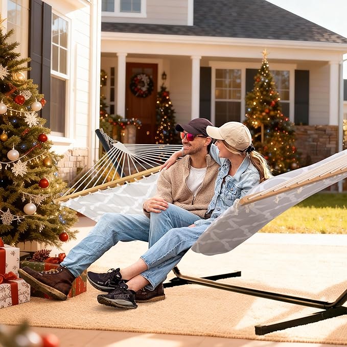 SUNCREAT Double Hammock, Extra Large Quilted Fabric Swing with Hardwood Spreader Bars & Detachable Pillow, Heavy Duty, Perfect for Indoor/Outdoor Patio, Deck, Yard, Gray Cloud
