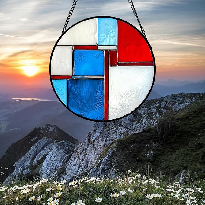AMDERVEN Stained Glass Window Hanging 4 Pcs Set Abstract Flowers in Red White Blue 6.3" - Suncatcher Door Garden Sun Catcher Decor Birthday Mother's Day Xmas Gift for Mom Woman Nana Men Parents
