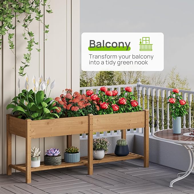 Raised Garden Bed, Planter Box with Storage Shelf, Elevated Wooden Planter Box with Legs, Garden Planter for Backyard, Patio, Balcony, Natural Wood (Brown, L)