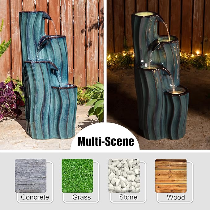 Glitzhome 30" Tall Outdoor Water Fountain with LED Light, Pump & Adapter, 4-Tier Turquoise Wavy Texture Ceramic Cascading Garden Fountains Waterfalls for Porch Deck Patio Backyard