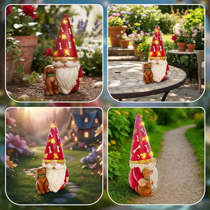 LETITIN Solar Garden Gnome with Dog Statue - Outdoor Solar Powered Gnome Decor with LED Lights, Waterproof Funny Garden Decorations for Patio, Yard, Lawn (Dog Gnome)