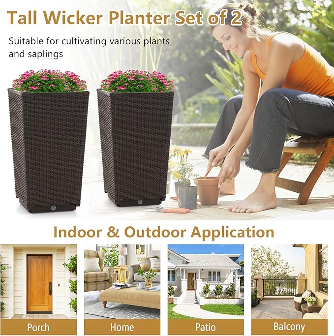 Giantex Outdoor Wicker Flower Pot Set of 2, 22.5 Inch Tall Planters with Drainage Hole, Self-Watering Tray, Rattan Flower Pots, Indoor Outdoor Planter for Porch Door Front Balcony Entryway (Brown)