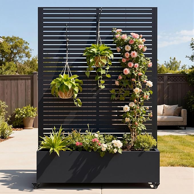 Metal Planter Box with Trellis, Galvanized Steel Raised Garden Bed with Privacy Screen, Lockable Casters, 73"x47"x16" Planter with Drainage Holes for Outdoor Climbing Plants, Vegetables, Patio