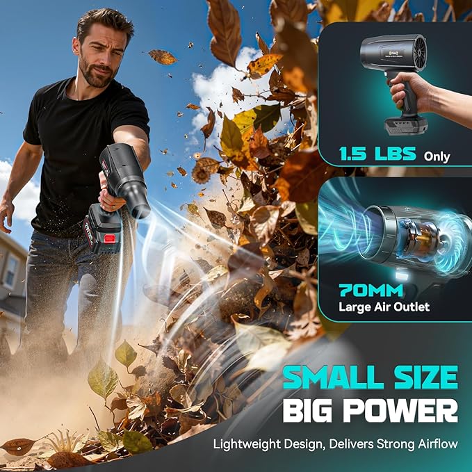 800,000 RPM Cordless Leaf Blower with 2x4.0Ah Batteries, Brushless Motor, Adjustable Speed, Lightweight Portable Electric Blower for Car, Patio, Garden & Indoor Cleaning, 3 Nozzles Included