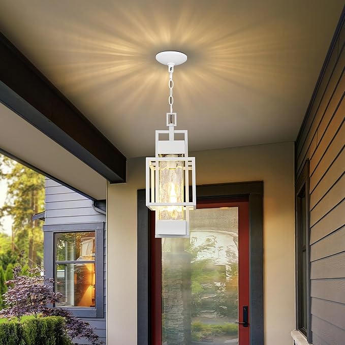 PARTPHONER 15" Outdoor Indoor Pendant Light Exterior Hanging Lantern, Modern Metal Outside Chandelier Light Fixture Ceiling Mount with Water Glass for Front Porch Entrance Foyer Entryway, White