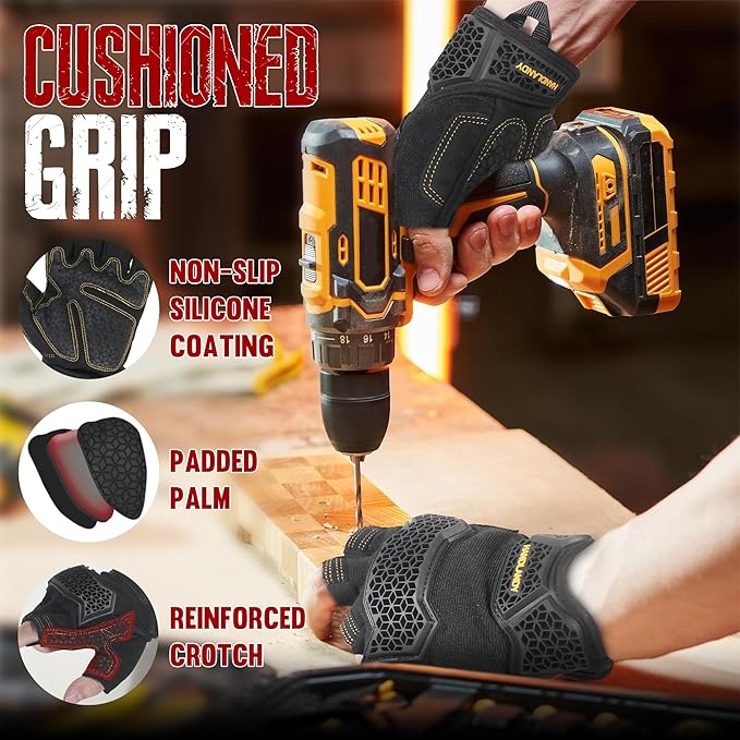 HANDLANDY Fingerless Work Gloves for Men, Padded Impact Tactical Mechanics Gloves, Grip Utility Trucker Driver Gloves (Black- impact, Medium (Pack of 1))