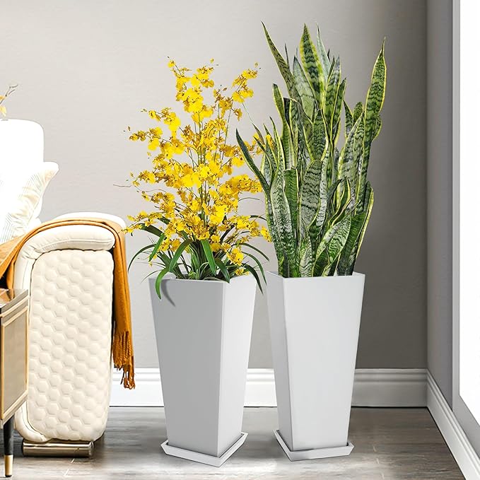 TUYOHW Set of 2 Tall Planters, 24" Large Indoor Outdoor Flower Pots with Tray, Modern Tapered Planters for Porch, Patio, Garden, Backyard(White)