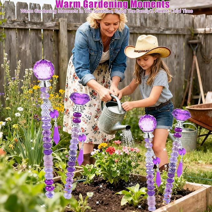 121 Pcs DIY Fairy Wand Beaded Garden Stakes Kit, Fairy Wands Garden Kit Purple Large Hole Bead with Pendants Crystal Stopper Top Threaded Rod Beaded Garden Stakes Supplies for Outdoor Decorative