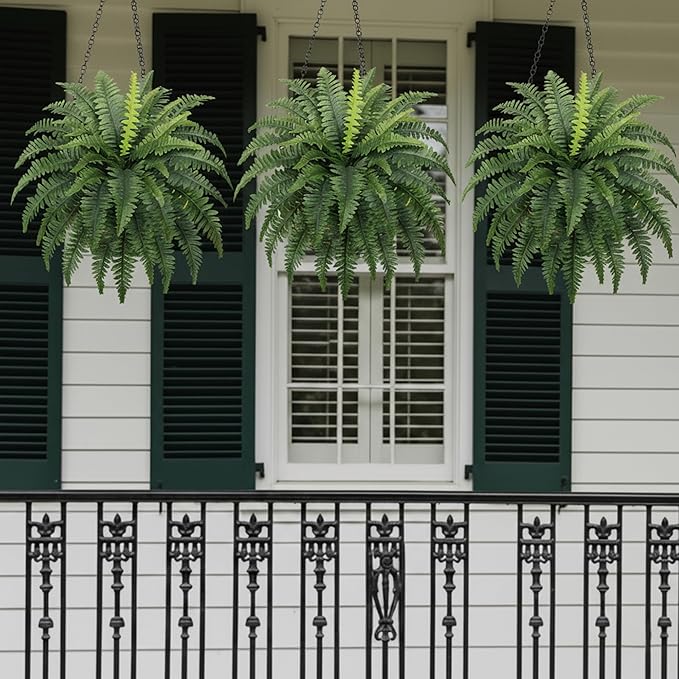 Richeerca Fake Ferns, 35IN Large Fake Bush Plants, 2 Articial Boston Ferns with 39 Fronds for Outdoor Hanging Planter Garden Porch Entrance Home Decor
