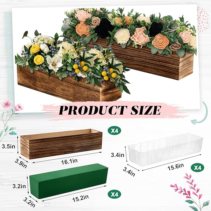 Dandat 4 Set Wood Boxes for Centerpieces 16x4 Inch Rectangle Wooden Planter Box Rustic Wood Planter with Removable Plastic Liner Floral Foam Blocks for Centerpieces Home Wedding Garden Decor