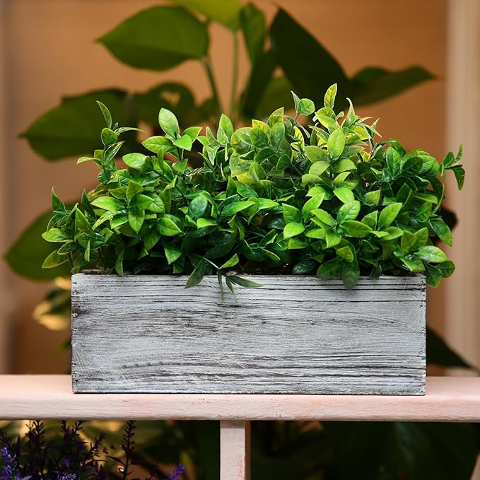 Lyrow 4 Pack Artificial Eucalyptus Plant in Rectangular Rustic Wooden Planter Box Faux Potted Herb Plant Table Centerpiece for Kitchen Windowsill Shelf Decor (White,11.4 '')
