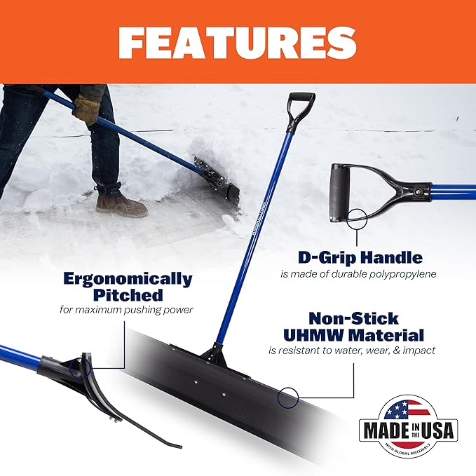 Marshalltown Polar Pusher 36 Inch Snow Pusher Shovel, Lightweight Non-Stick UHMW Blade Makes Plowing Snow Easy, Made in The USA, SNOWP36