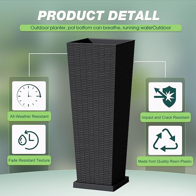 Flamaker Set of 2 Resin Rattan Planters with Tray for Indoor Outdoor, 32'' Tall Flower Pots with Drainage Holes&Inner Pot, Tapered Planters for Garden, Patio, Porch (Black, Large)