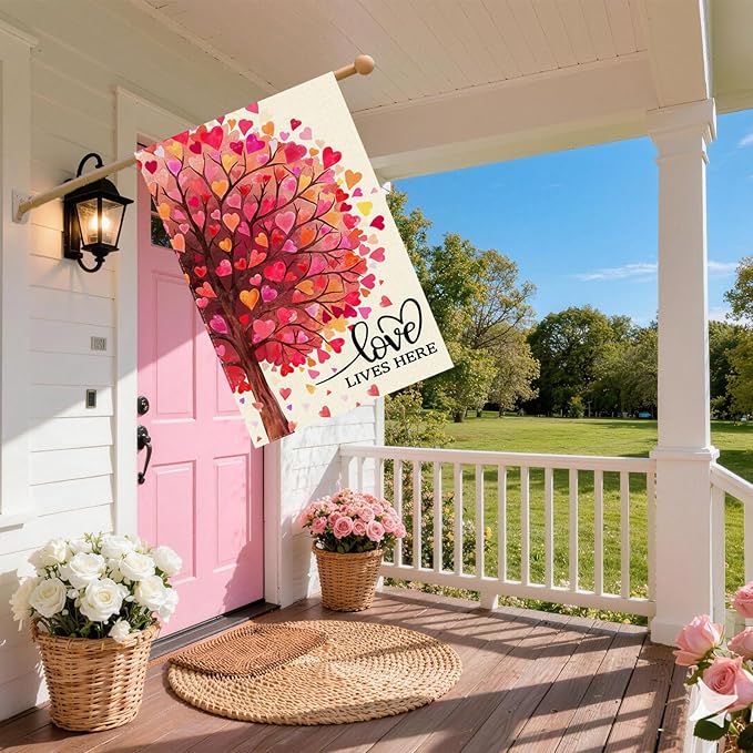 Love Lives Here Love Heart Shaped Tree Valentine’s Day House Flag large 28X40 Inch Big Vertical Double Sided Yard Outdoor Outside Holiday Decoration
