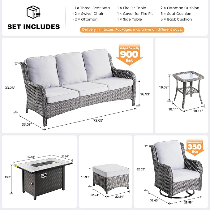 ovios 7 Pieces Patio Furniture Set, Outdoor Wicker Sofa Couch with Swivel Chairs 42" Fire Pit Table, High Back Modern All Weather Conversation Sets, Grey Rattan, Grey