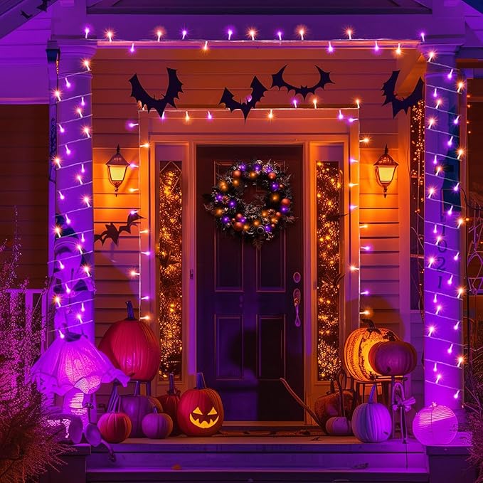 250 LED Orange and Purple Christmas Lights 82 FT String Lights Indoor Outdoor Clear Wire with 8 Modes, Plug in Waterproof Christmas Light for Tree Party Bedroom Thanksgiving Decorations