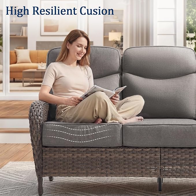 Outdoor Swivel Rocking Chair Patio Set (7-Piece), High-Back - Thick Cushion Swivel Rocking Chair Patio Set, All-Weather Wicker Patio Furniture Set, Suitable for Balcony Patios, Brown/Gery