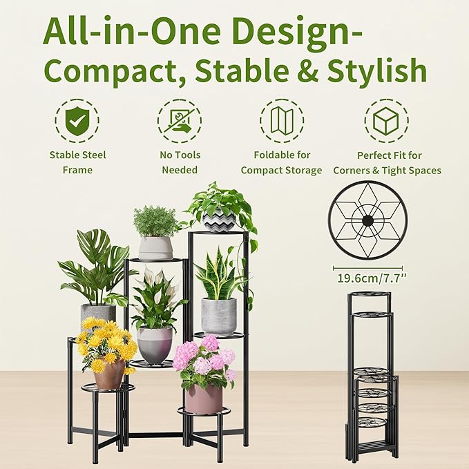 NQW 7 Tier Metal Patio Plant Stand Outdoor, Heavy Duty Flower Stands for Indoor Plants, Floding Tall Corner Shelf for Diaplay Racks for Home Decor, Graden, Balcony -BlackDiamond