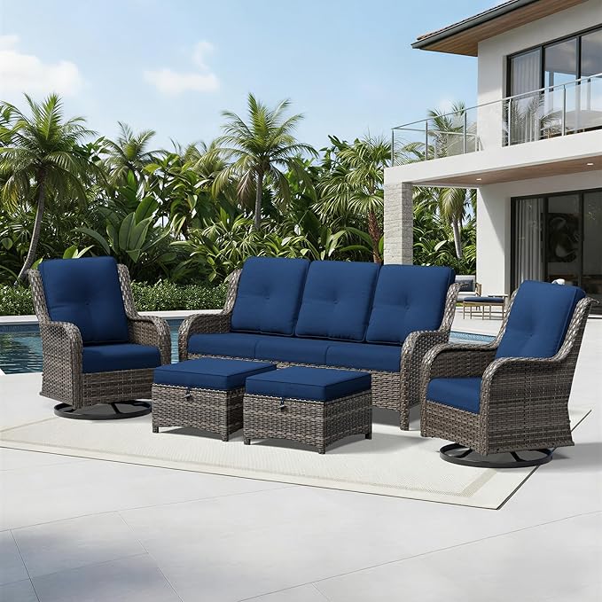 Joyside 5 Piece Wicker Patio Furniture Set, Outdoor Swivel Rocker Patio Chairs with High Back, Deep Seating, Wide Armrest, Thickened Cushions, Outdoor Furniture for Deck, Porch Use